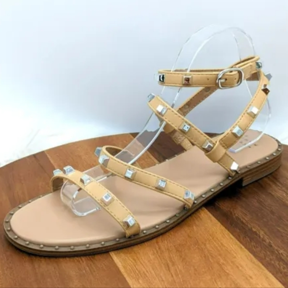 A New Day Strappy Sandals Tan Astrid Silver Studded Ankle Wrap Flat Open Toe 10